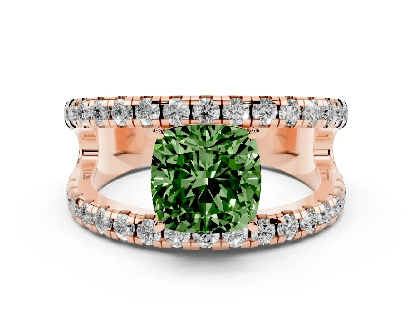 Cushion Cut Wide Open Split Shank Engagement Ring Setting for a Fancy Green Lab-Grown Diamond | Pavé Strands | Rose Gold