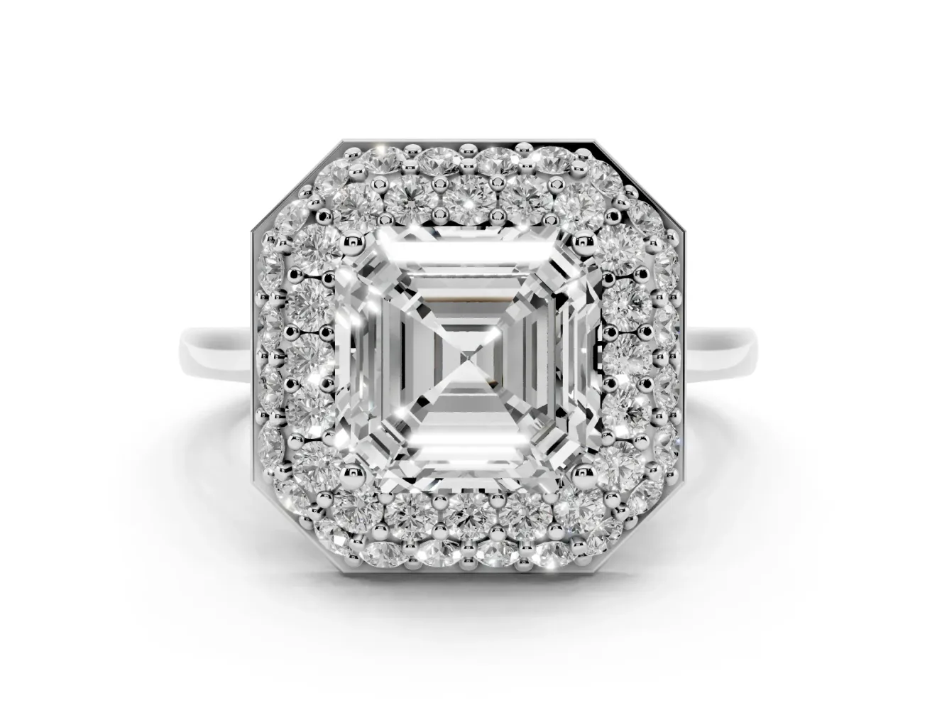 Asscher Cut Diamond Halo Engagement Ring Set in White gold with Solitaire Band and Prong Setting