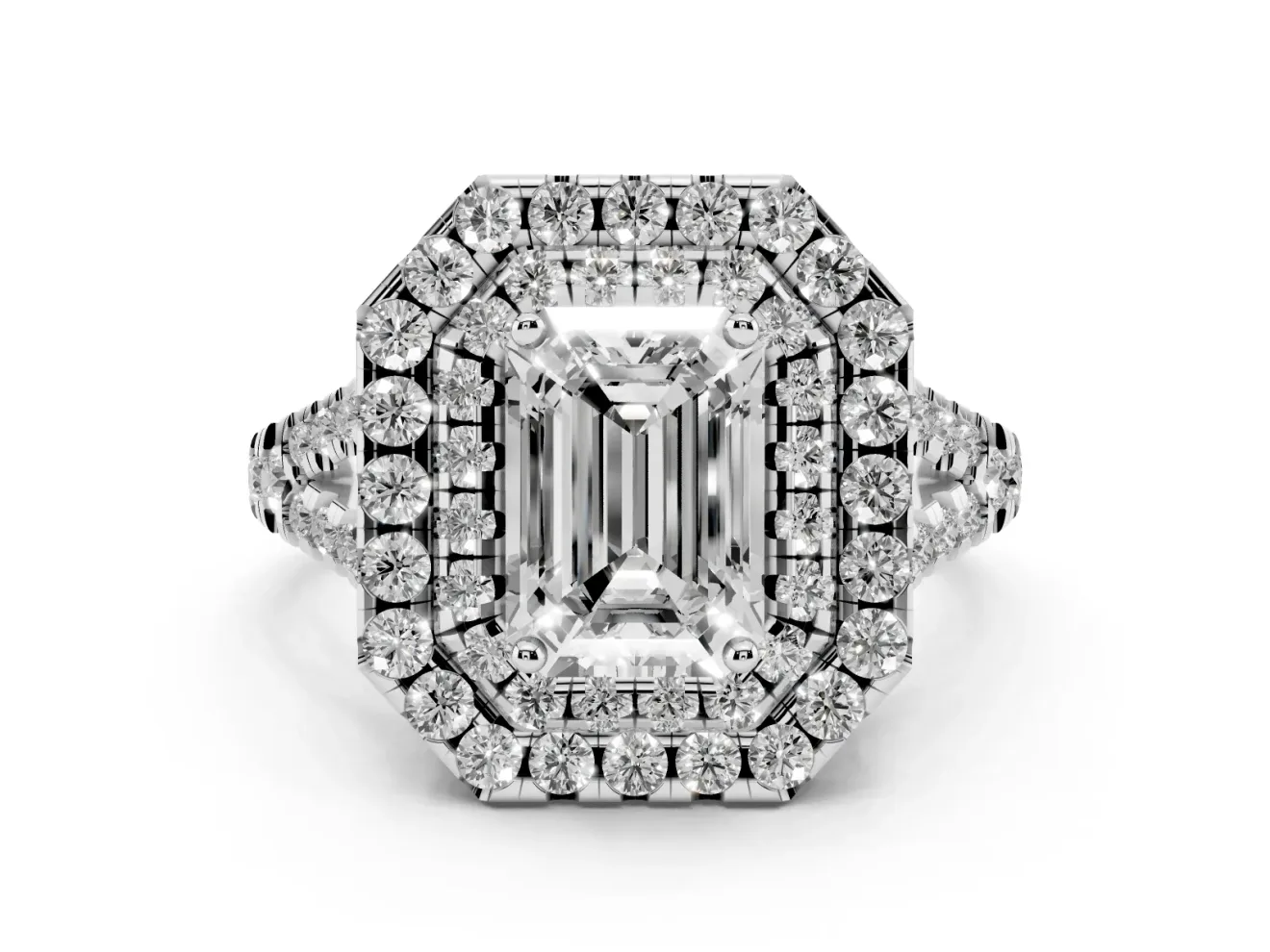 Emerald Cut Halo Split Shank Engagement Ring Setting | White Gold