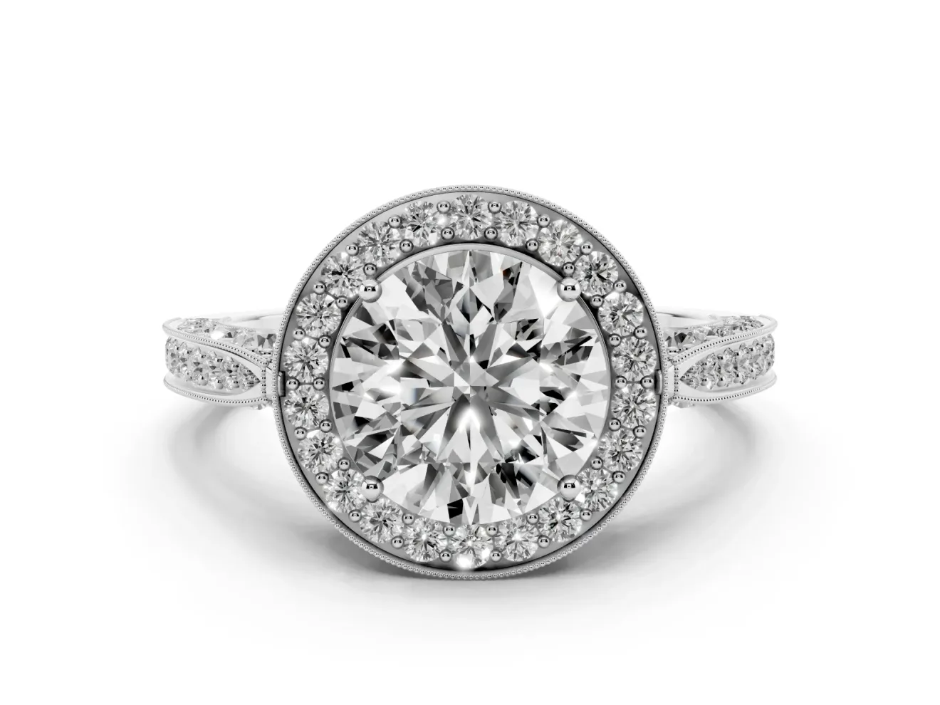 Round Vintage Milgrain Halo Engagement Ring Setting | Side Stones and Pave | Sterling Silver