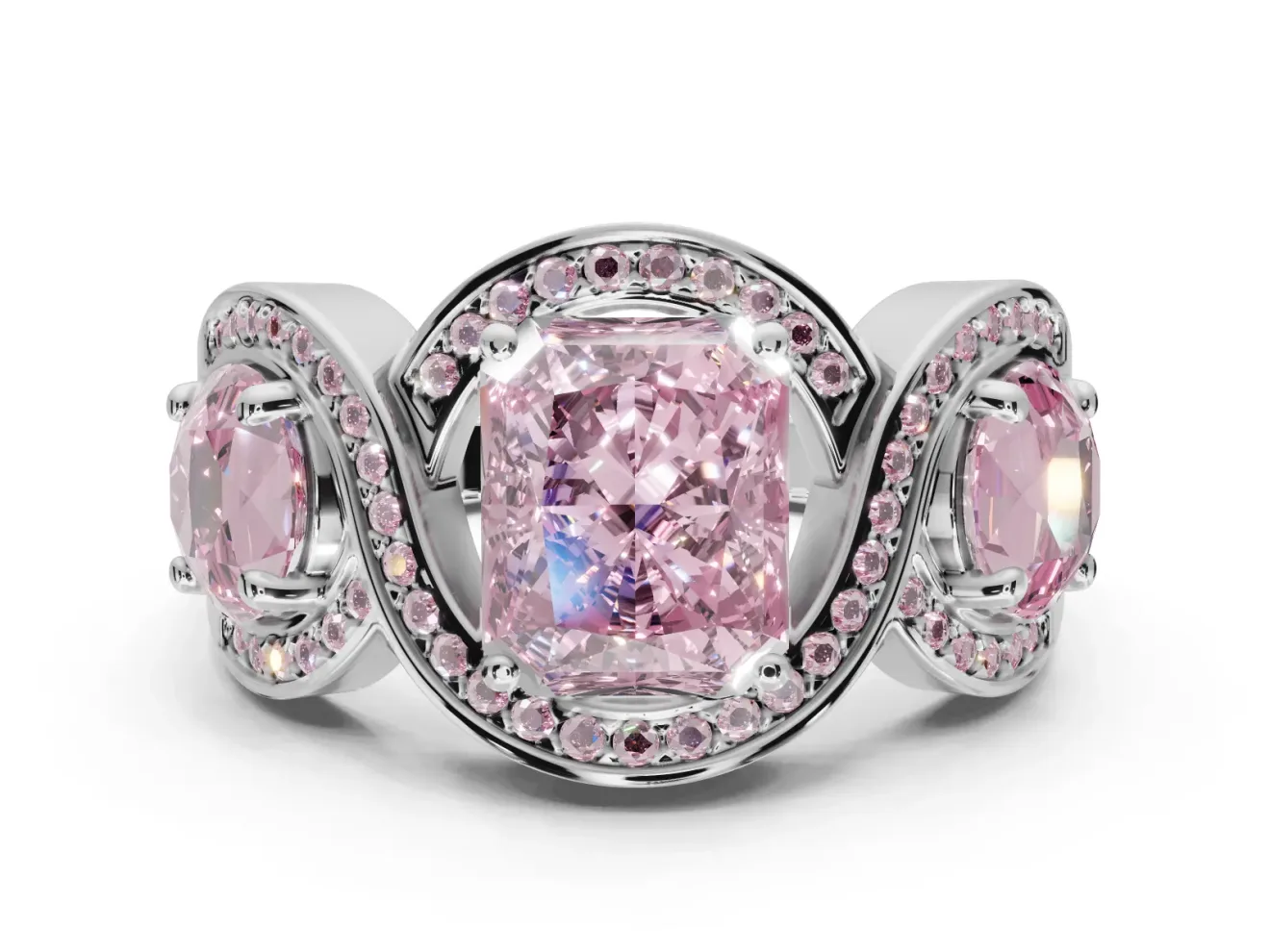 Radiant Cut Three Stone Engagement Ring Setting for a Fancy Pink Lab-Grown Diamond | Pavé Wave Band | Sterling Silver