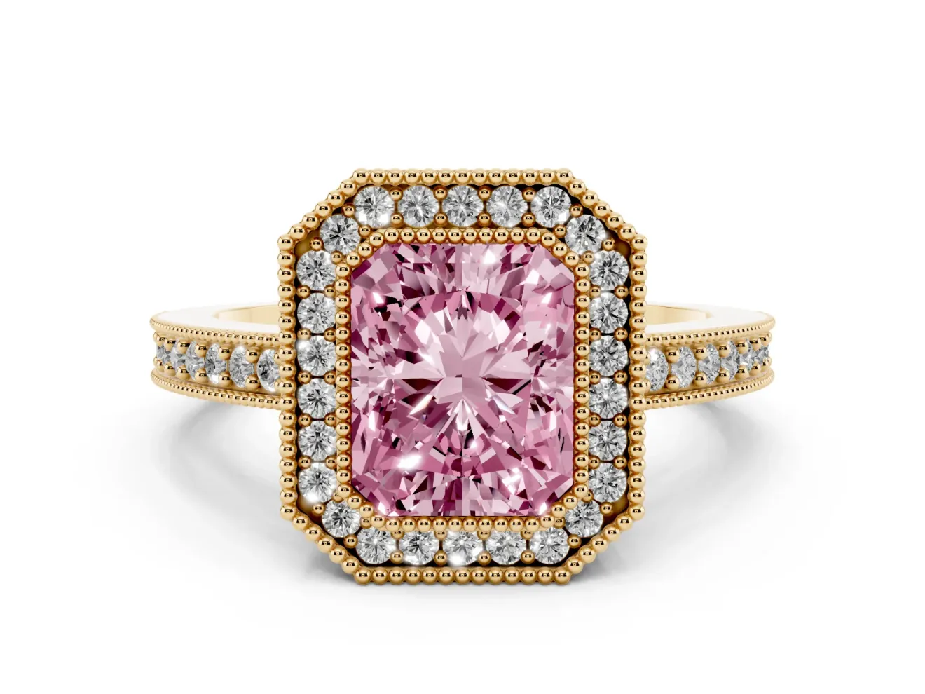 Radiant Cut Milgrain Halo Engagement Ring Setting for a Fancy Pink Lab-Grown Diamond | Pave Band | Yellow Gold