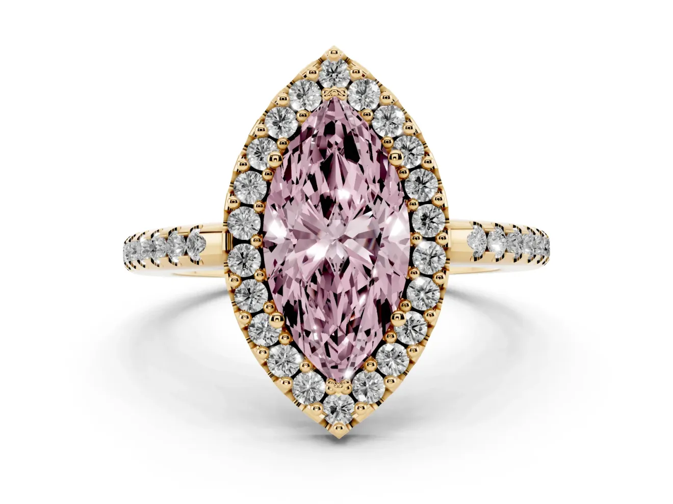 Marquise Pave Halo Engagement Ring Setting for a Fancy Pink Lab-Grown Diamond | Pave Band | Yellow Gold