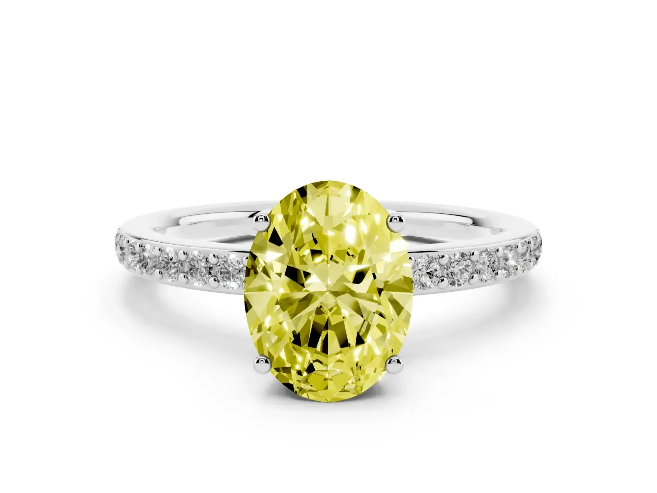 Fancy Yellow Oval Cut Diamond Pavé Band Ring Set in Silver with Prong-Set Center Stone