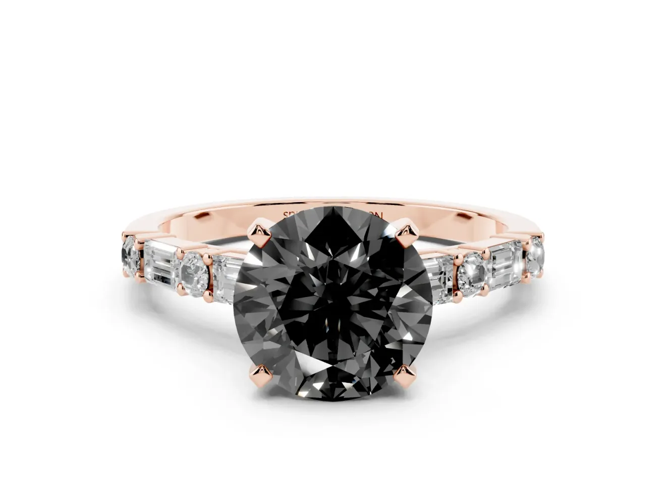 Fancy Black Round Cut Diamond Solitaire Set in Rose gold with Side Baguettes and Channel Set Band