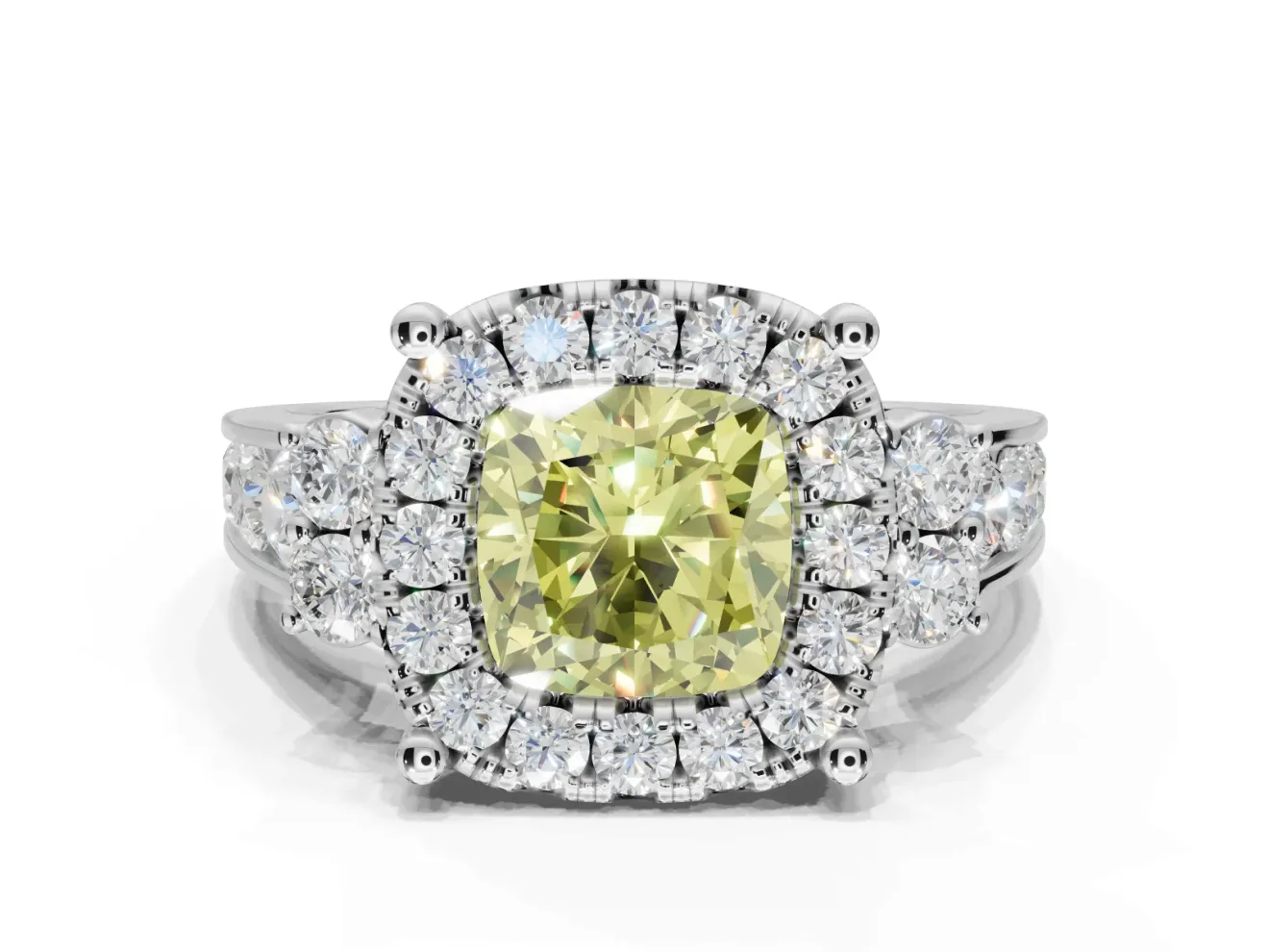 Cushion Cut Halo Engagement Ring Setting for a Fancy Yellow Lab-Grown Diamond | Graduated Channel Band | White Gold