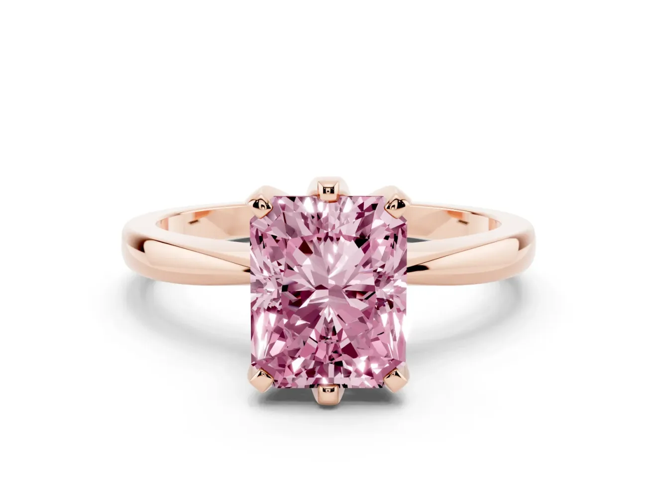 Radiant Cut Tapered Solitaire Engagement Ring Setting for a Fancy Pink Lab-Grown Diamond | Claw Prong Head | Rose Gold