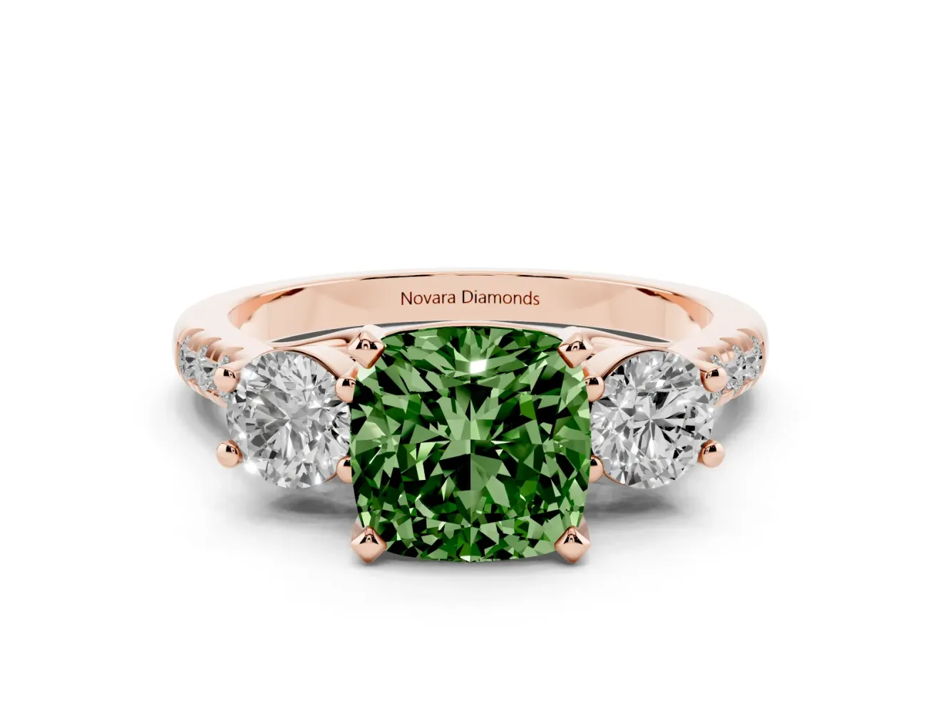 Cushion Cut Three-Stone Engagement Ring Setting for a Fancy Green Lab-Grown Diamond | Rose Gold