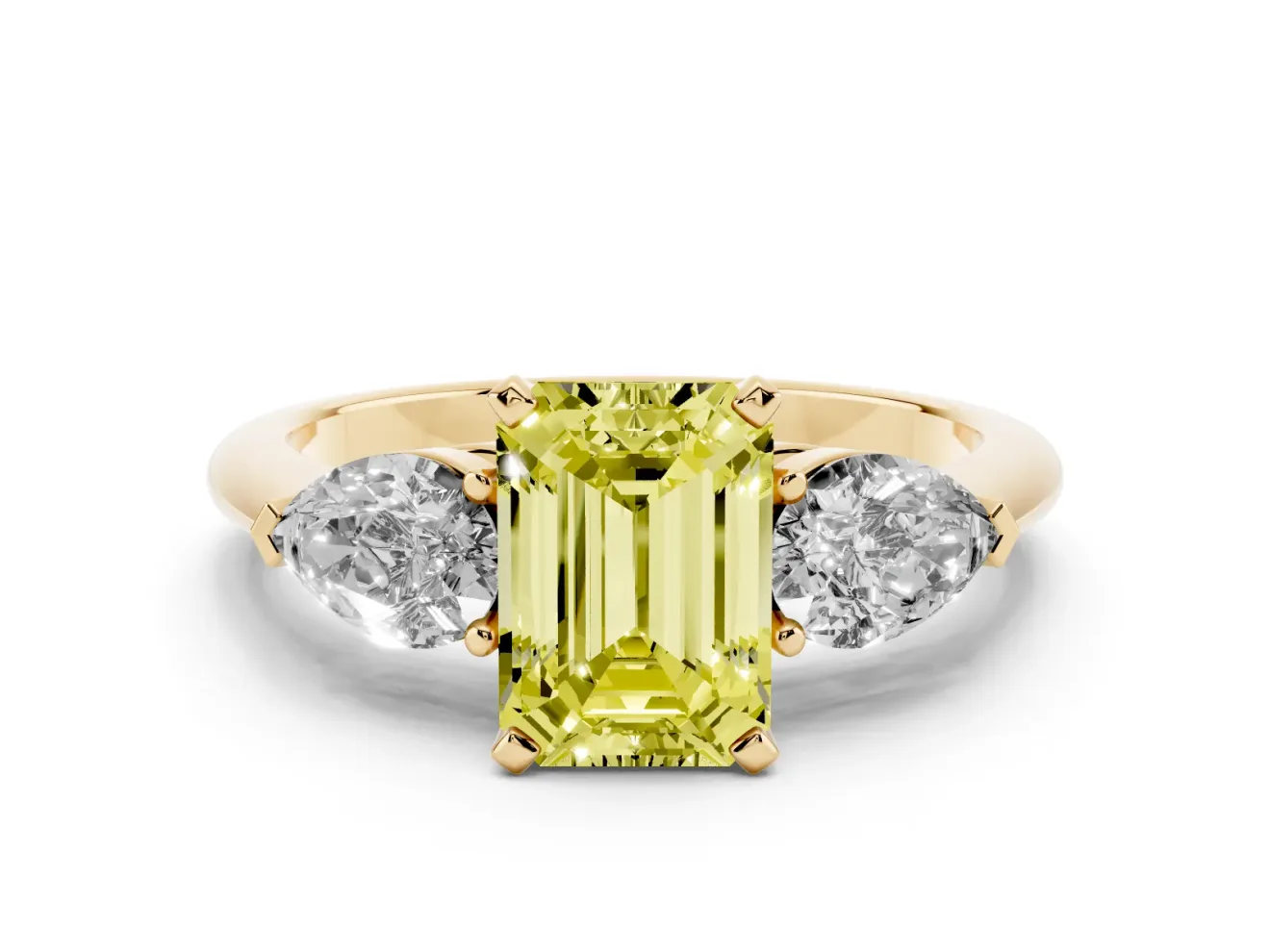 Fancy Yellow Three-Stone Emerald Cut Diamond Ring Set in Yellow gold with Pear Side Stones and Prong Setting