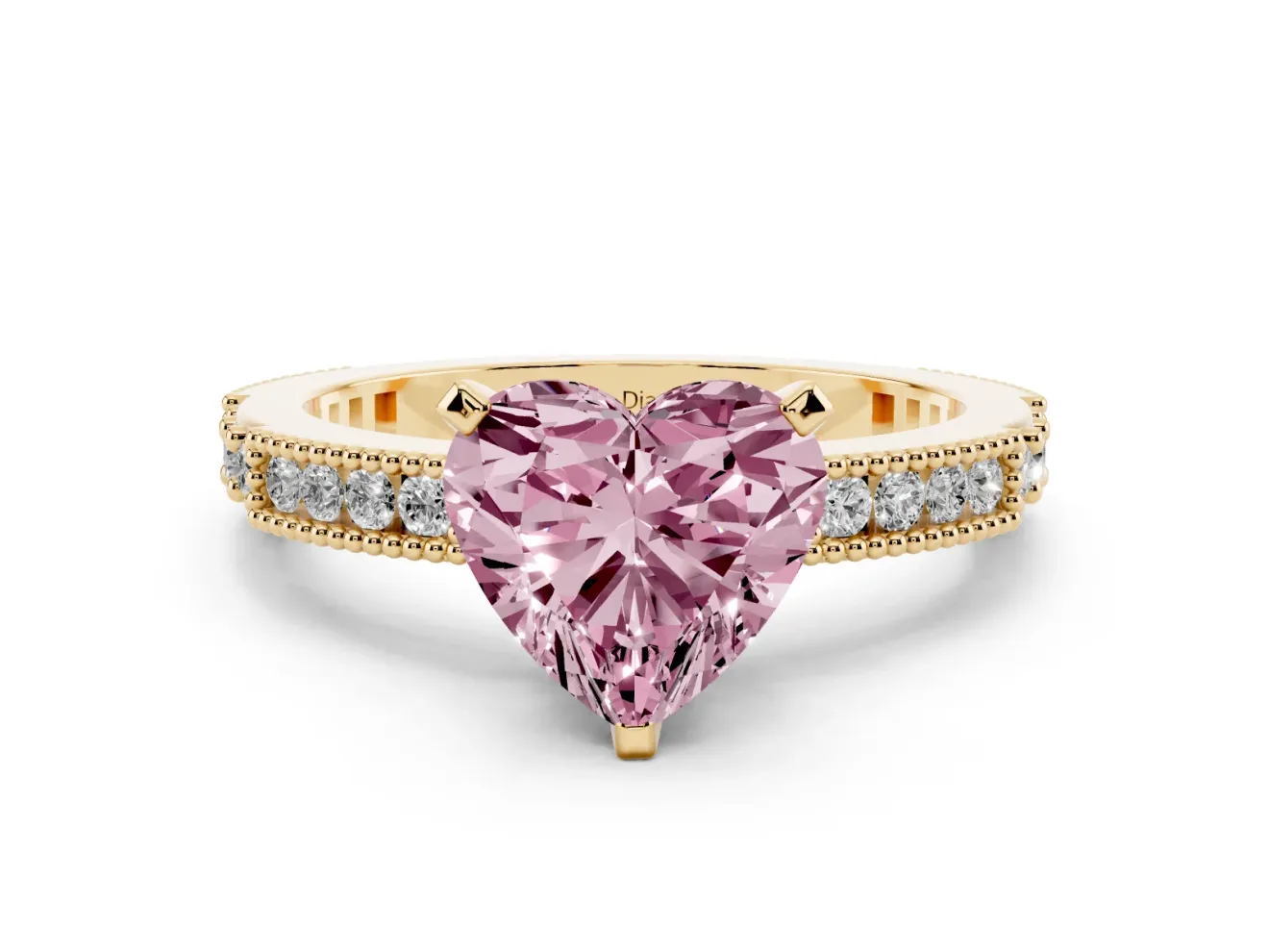 Fancy Pink Heart Cut Diamond Solitaire Ring Set in Yellow gold with Slim Pavé Band and Prong Setting