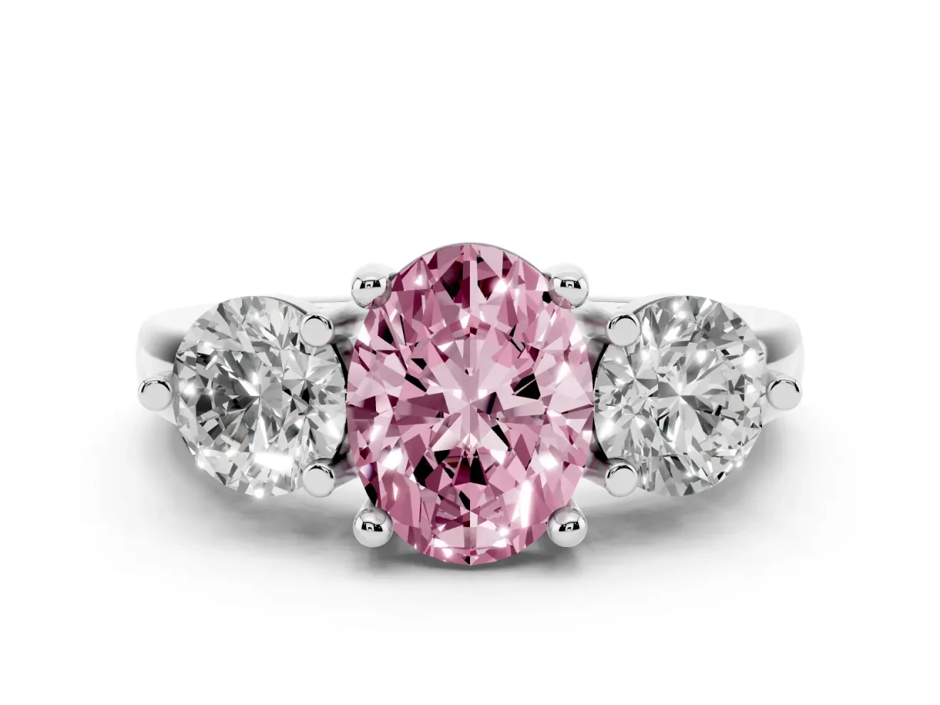 Fancy Pink Oval Cut Diamond Three-Stone Ring Set in Silver with Prong Setting and Classic Band