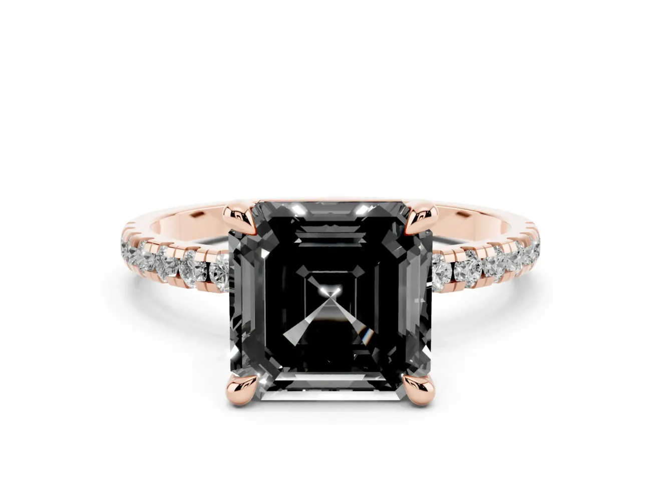 Fancy Black Asscher Cut Diamond Brilliant Solitaire Ring Set in Rose gold with Pavé Band and Prong Setting