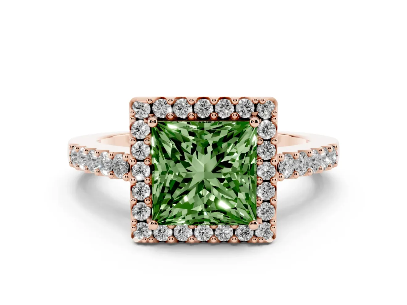 Fancy Green Princess Cut Diamond Halo Pavé Solitaire Ring Set in Rose gold with Prong-Set Center Stone