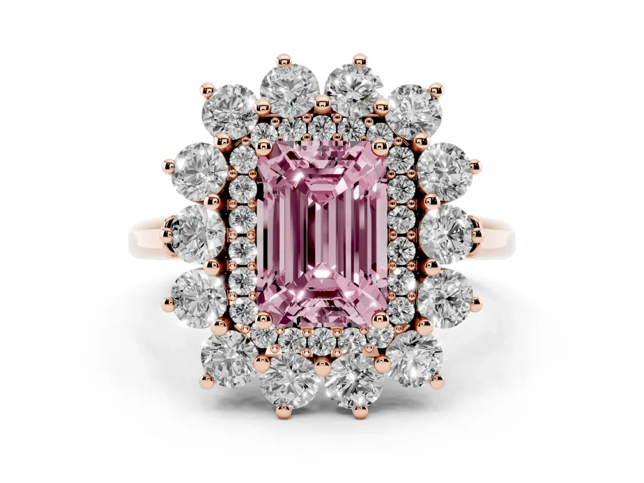 Emerald Cut Floral Double Halo Engagement Ring Setting for a Fancy Pink Lab-Grown Diamond | Plain Band | Rose Gold