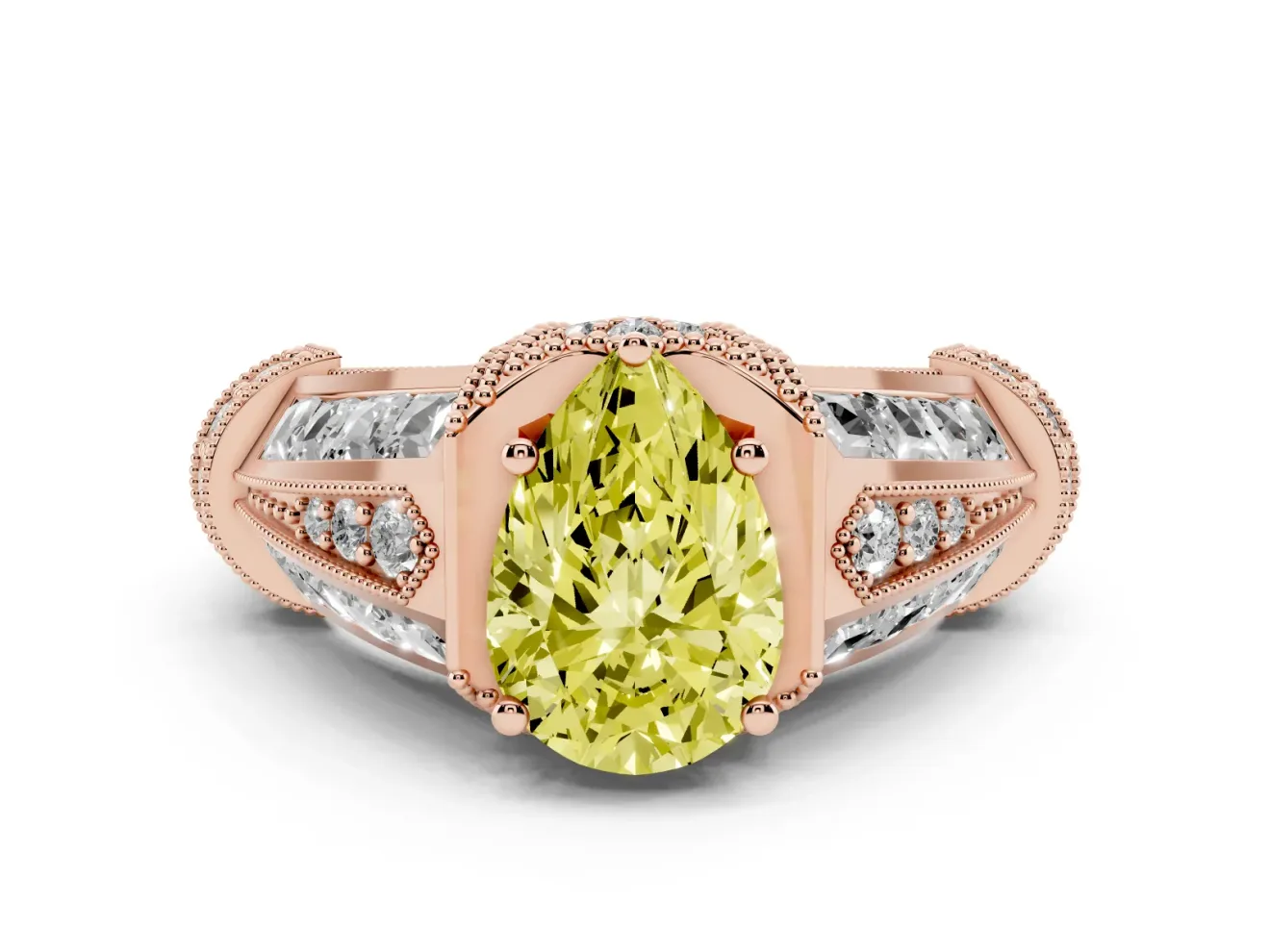 Fancy Yellow Pear Cut Diamond Vintage-Inspired Milgrain Ring Set in Rose gold with Accent Split Shank