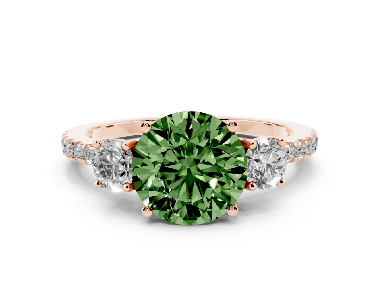 Fancy Green Round Cut Diamond Three-Stone Ring Set in Rose gold with Pavé Band and Graduated Sides