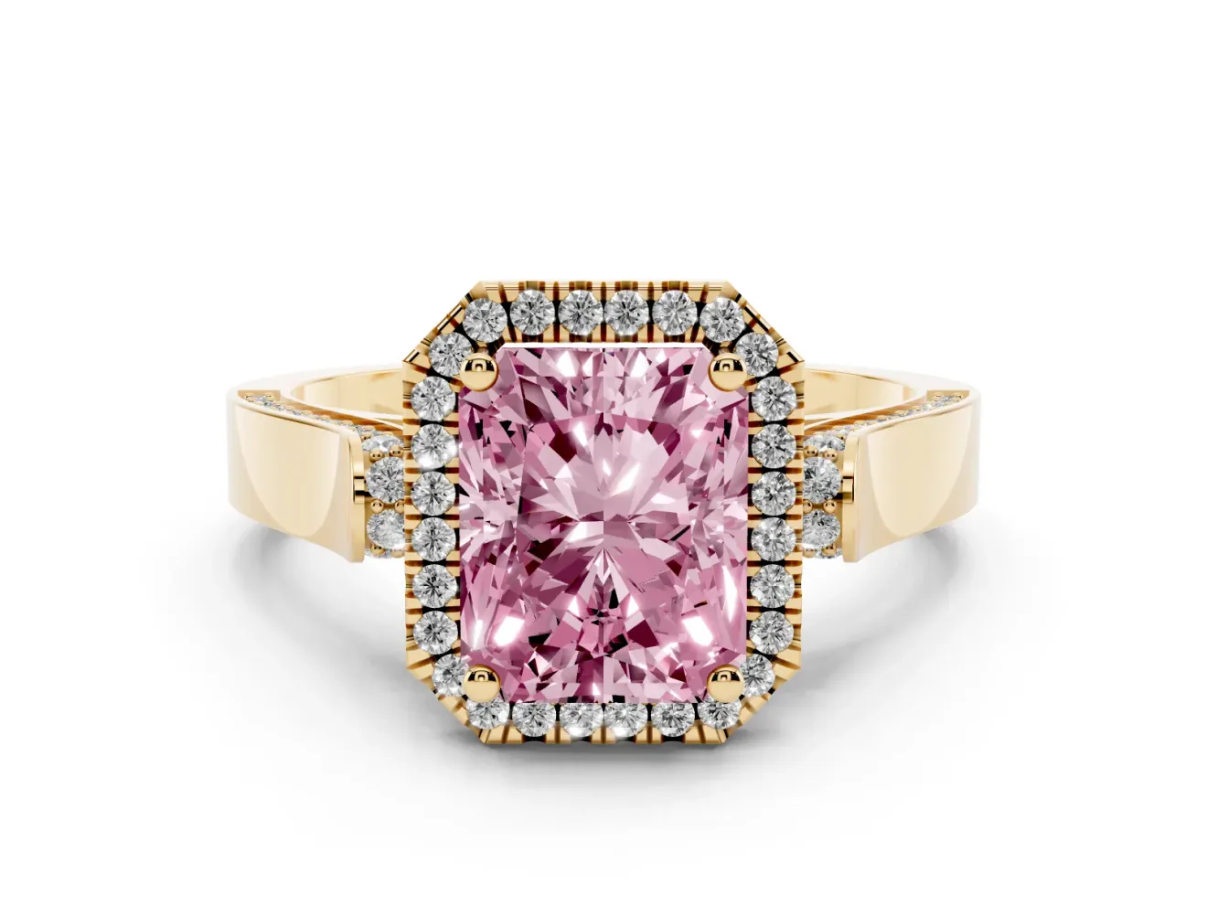 Radiant Cut Halo Engagement Ring Setting for a Fancy Pink Lab-Grown Diamond | Pavé Panel Shoulders | Yellow Gold