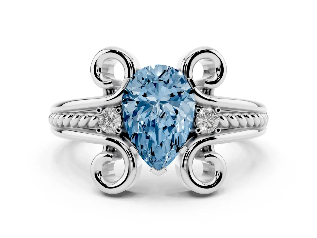 Fancy Blue Pear Cut Diamond Twisted Band Solitaire Ring Set in Silver with Scroll Prongs