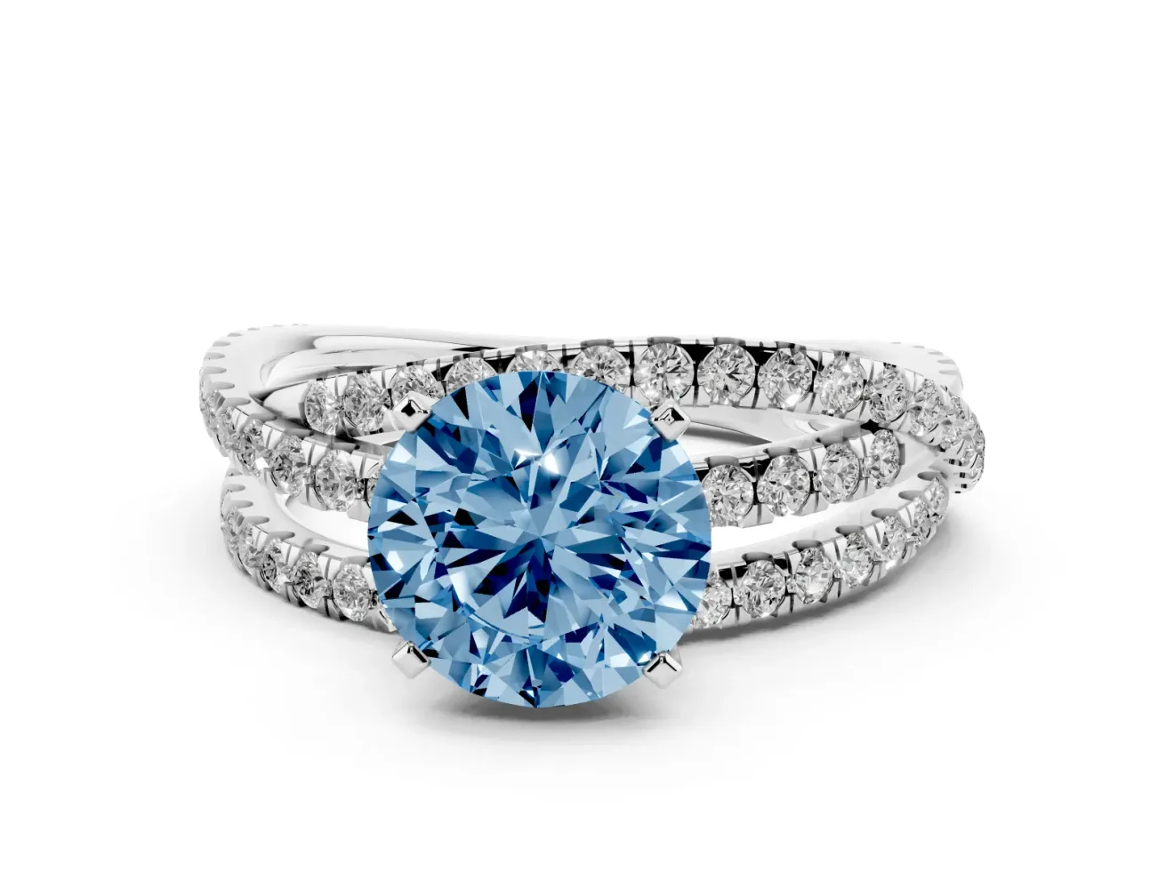 Fancy Blue Round Cut Diamond Solitaire Twist Band Ring Set in Silver with Pavé Setting and Prong Head