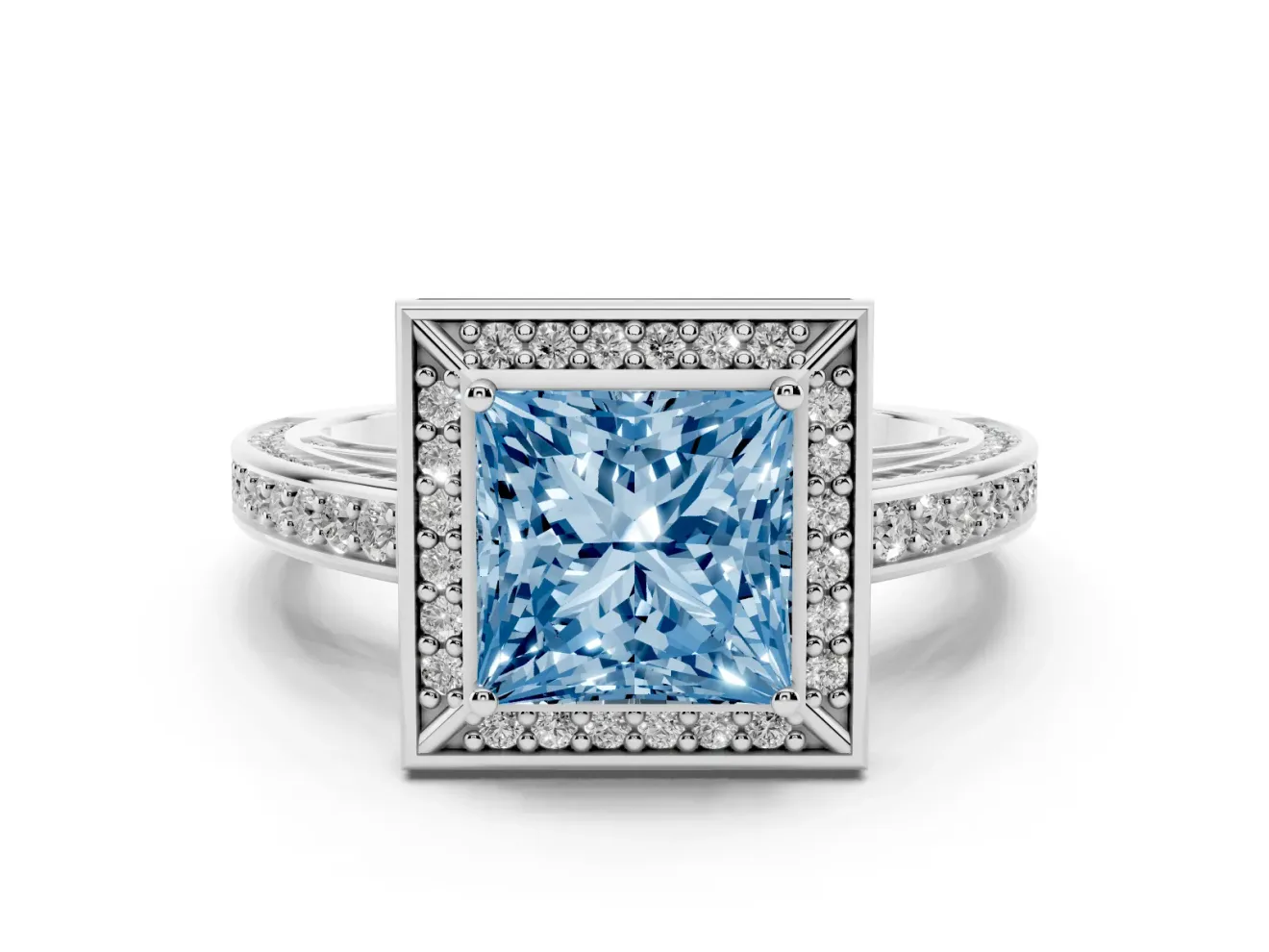 Fancy Blue Princess Cut Diamond Halo Pavé Split Shank Ring Set in White gold with Prong Setting