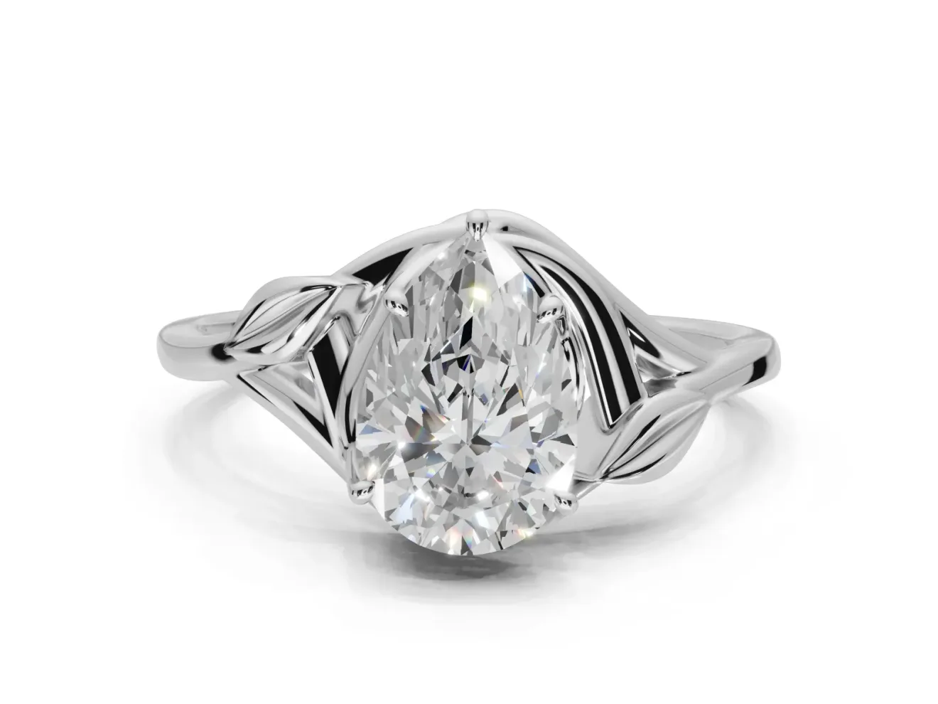 Pear-Shaped Leaf Bypass Solitaire Engagement Ring Setting | Polished Band | Sterling Silver