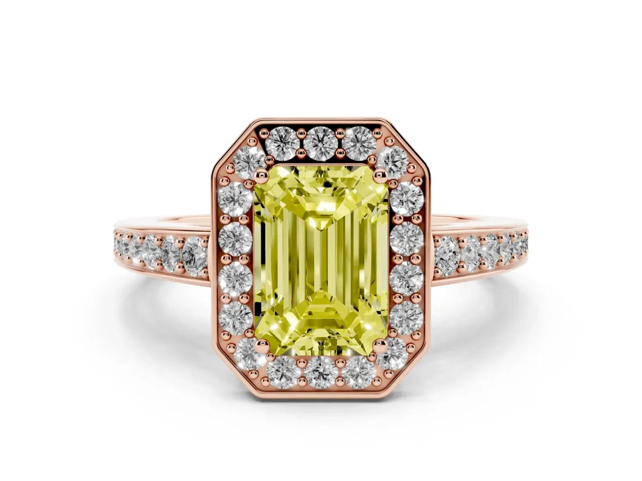 Fancy Yellow Emerald Cut Diamond Halo Pavé Engagement Ring Set in Rose gold with Bezel Setting