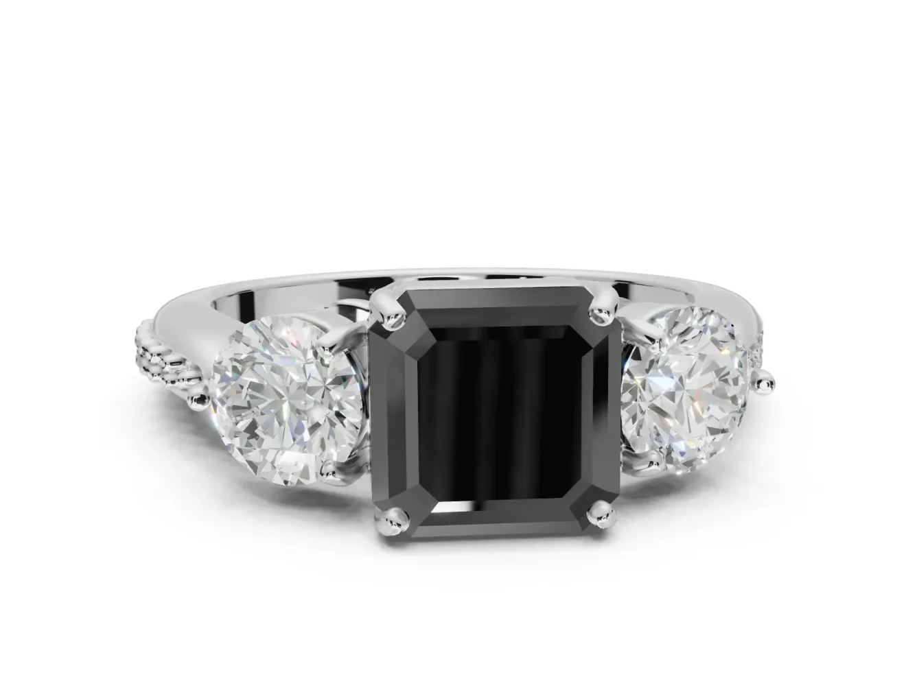 Fancy Black Asscher Cut Lab-Grown Diamond Three-Stone Ring Set in Platinum with Channel-Set Band and Prong Setting