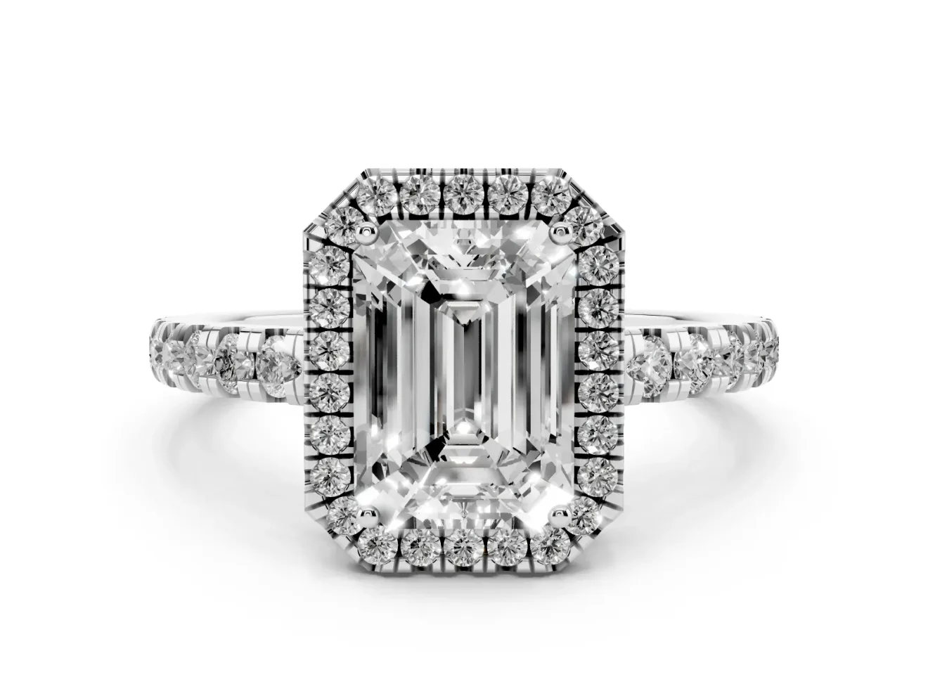 Emerald Cut Diamond Halo Ring Set in Platinum with Delicate Pavé Band and Prong Setting