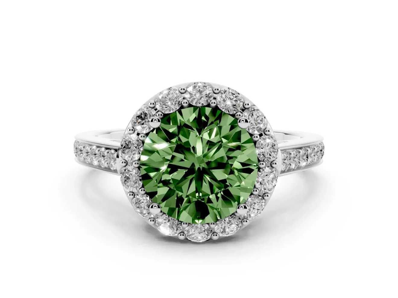 Fancy Green Round Cut Diamond Floral Halo Ring Set in Platinum with Pavé Band and Prong Setting