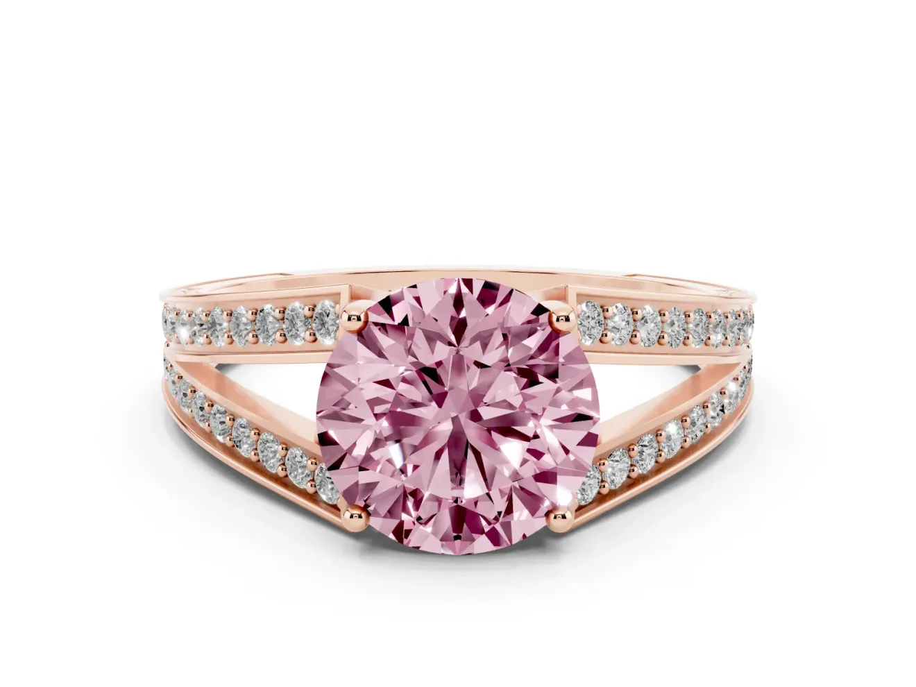 Fancy Pink Round Cut Diamond Split Shank Ring Set in Rose gold with Pavé Band and Prong Setting