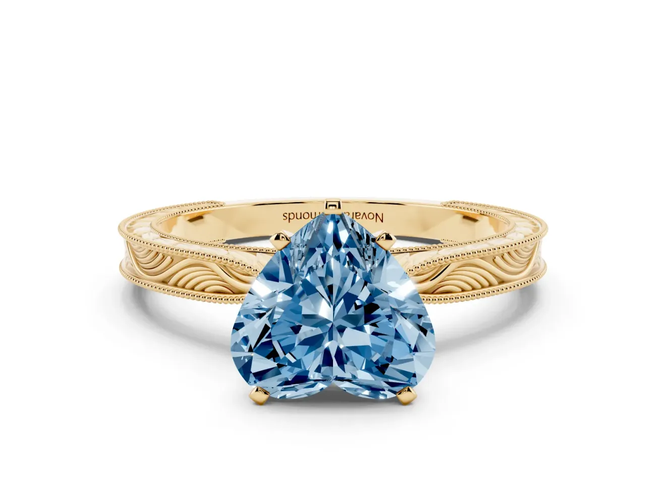 Heart-Shaped Engraved Engagement Ring Setting for a Fancy Blue Lab-Grown Diamond | Yellow Gold