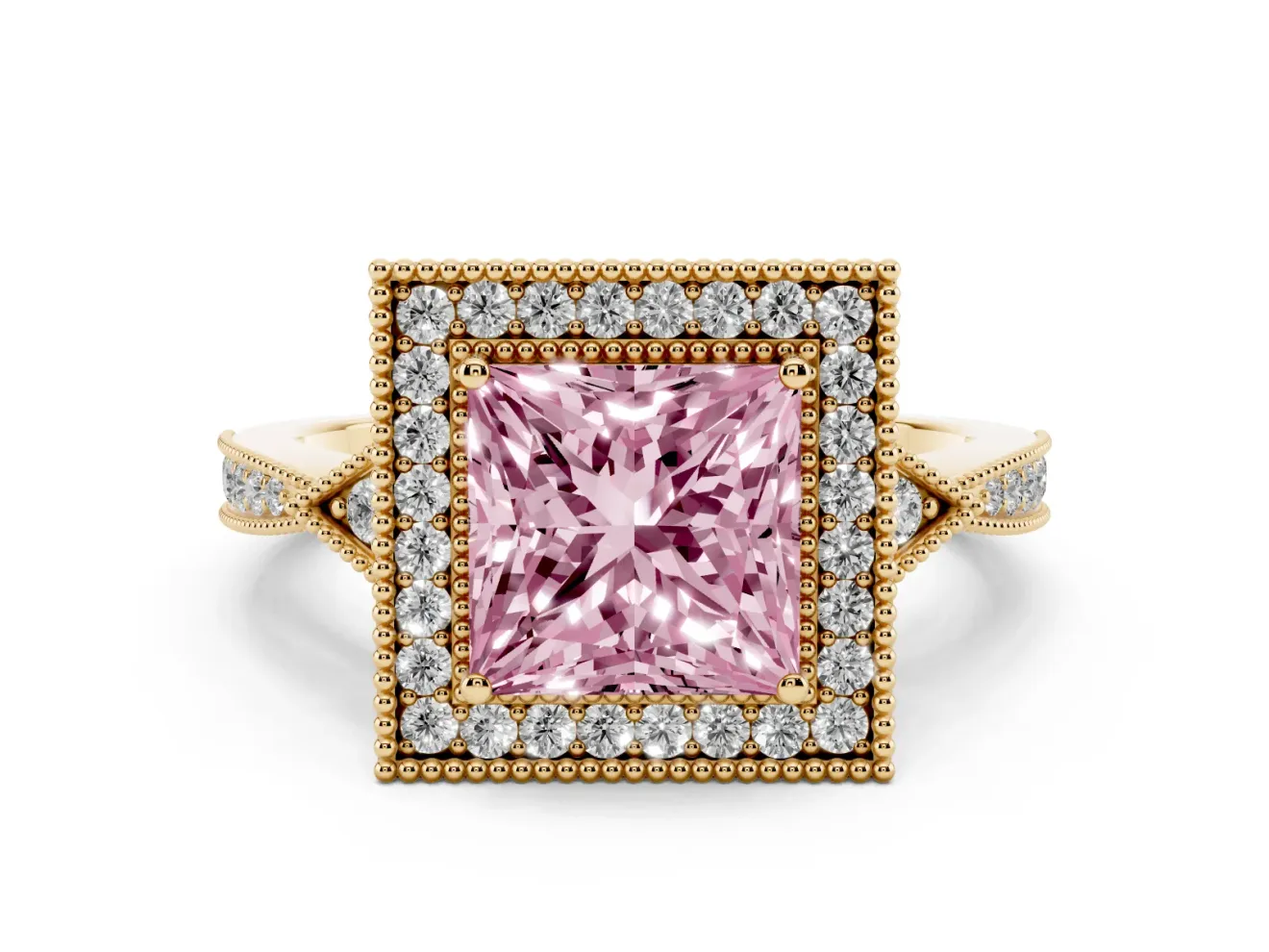 Princess Cut Milgrain Halo Engagement Ring Setting for a Fancy Pink Lab-Grown Diamond | Graduated Pavé | Yellow Gold