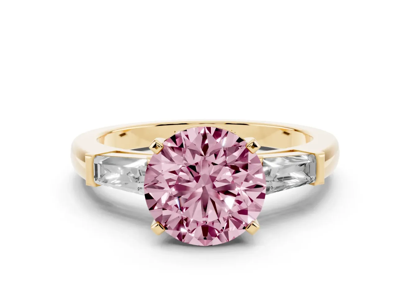 Fancy Pink Round Cut Diamond Solitaire Ring Set in Yellow gold with Tapered Baguette Side Stones and Prong Setting