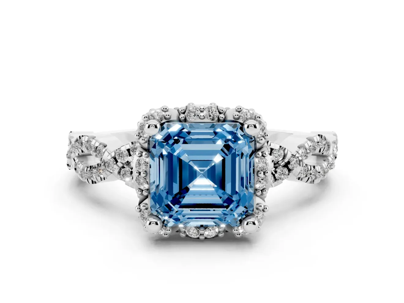 Fancy Blue Asscher Cut Diamond Halo Twist Band Solitaire Ring Set in Platinum with Prong-Set Center Stone