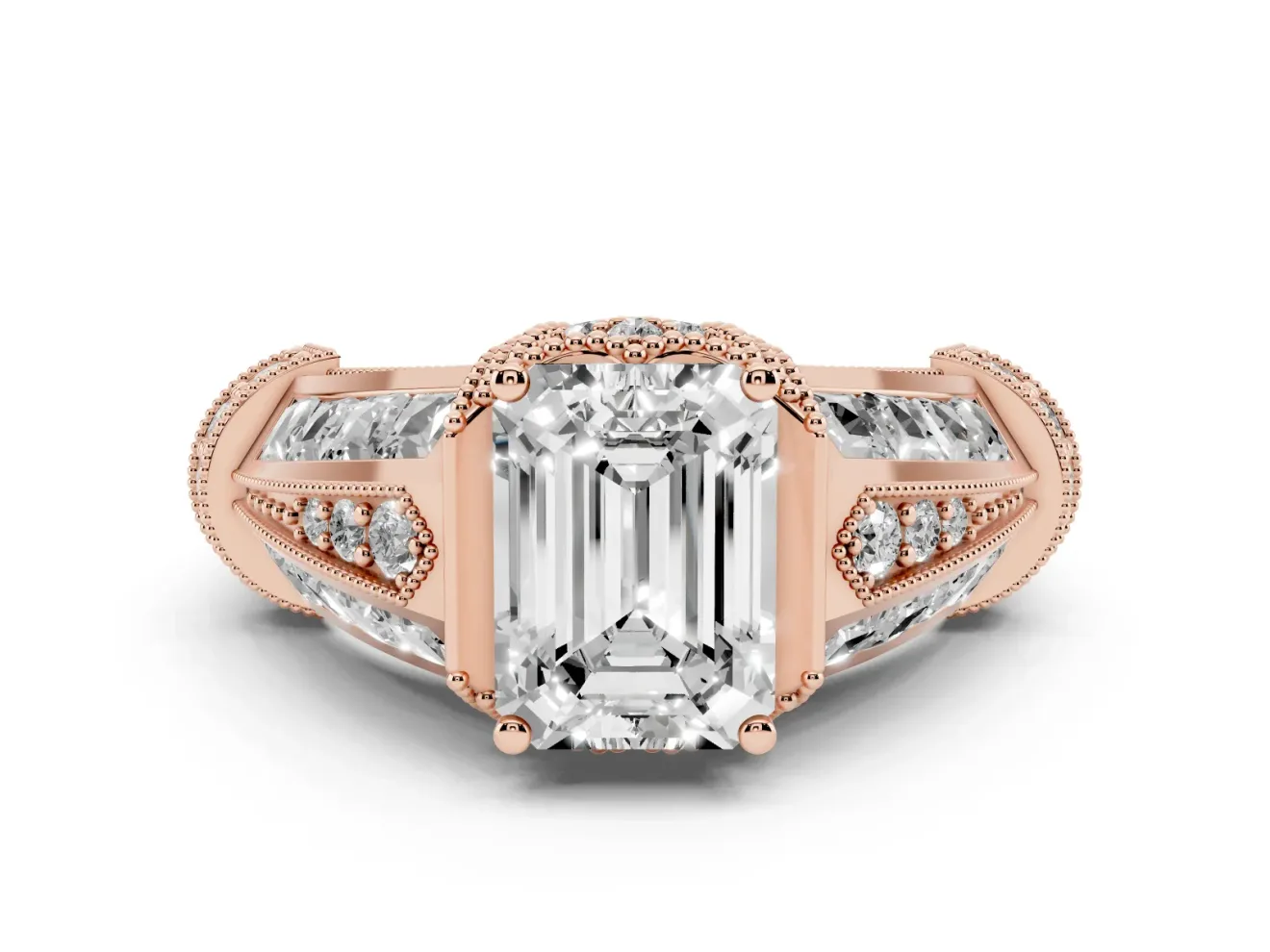 Emerald Cut Diamond Vintage-Inspired Milgrain Ring Set in Rose gold with Accent Split Shank