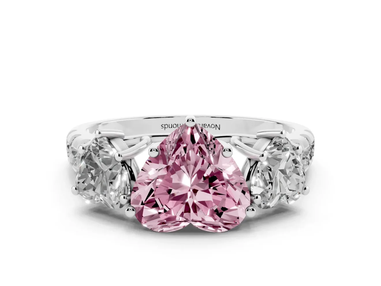 Fancy Pink Heart Cut Diamond Three-Stone Ring Set in Platinum with Pavé Band