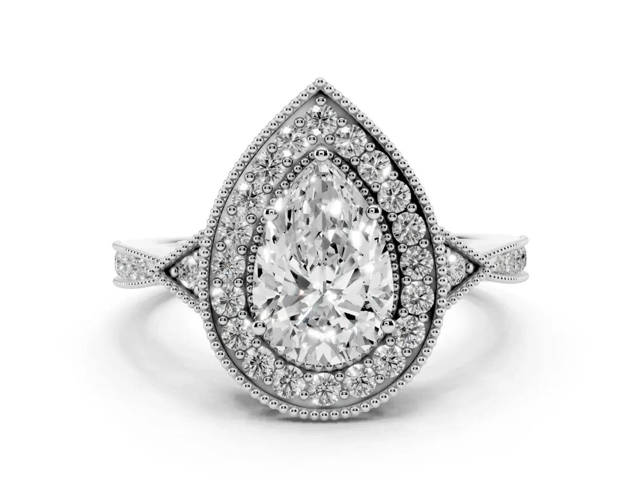 Pear-Shaped Vintage Milgrain Halo Engagement Ring Setting | Graduated Pavé Band | Sterling Silver