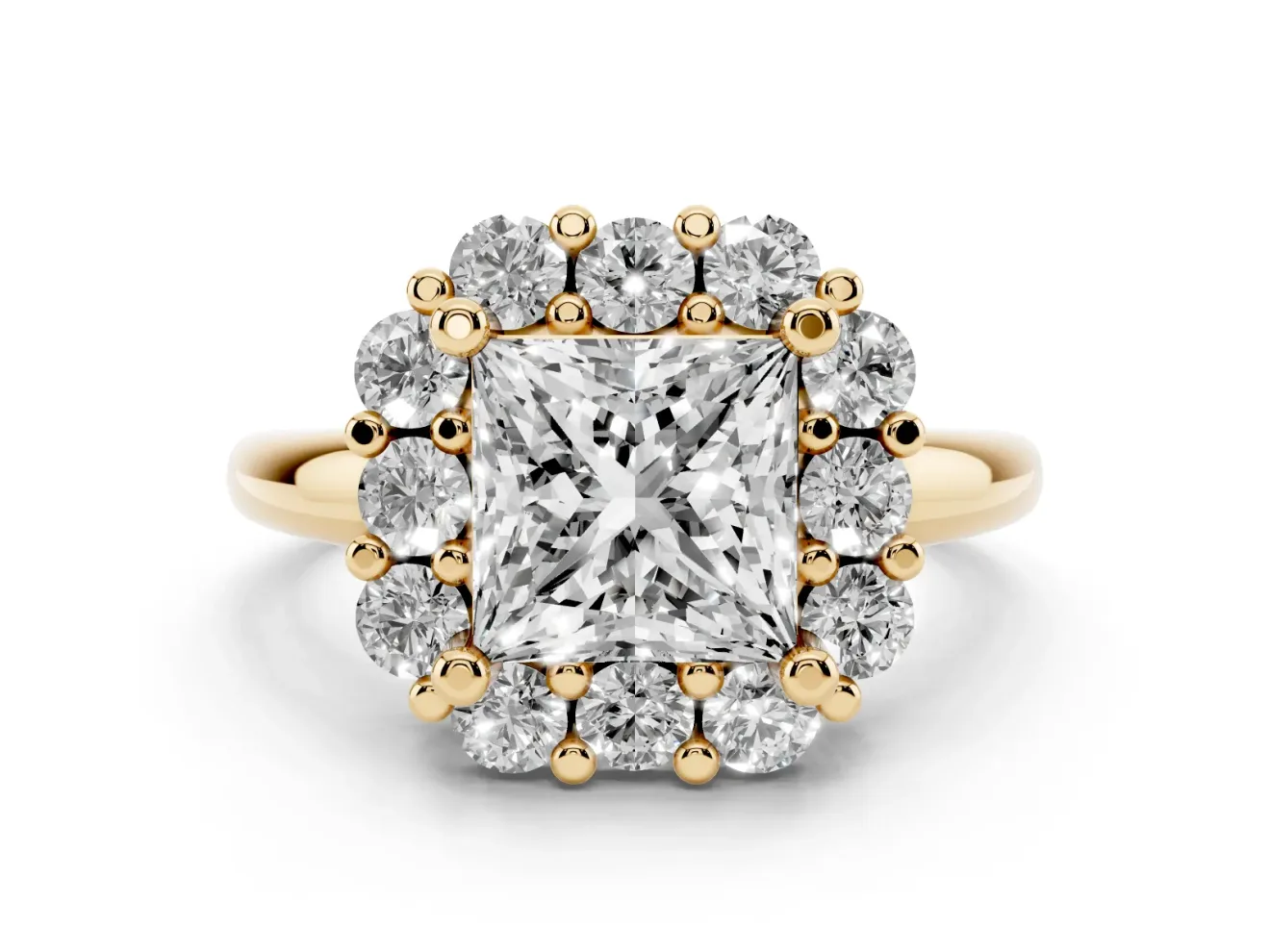Princess Cut Cluster Halo Engagement Ring Setting | Large Round Accents | Yellow Gold