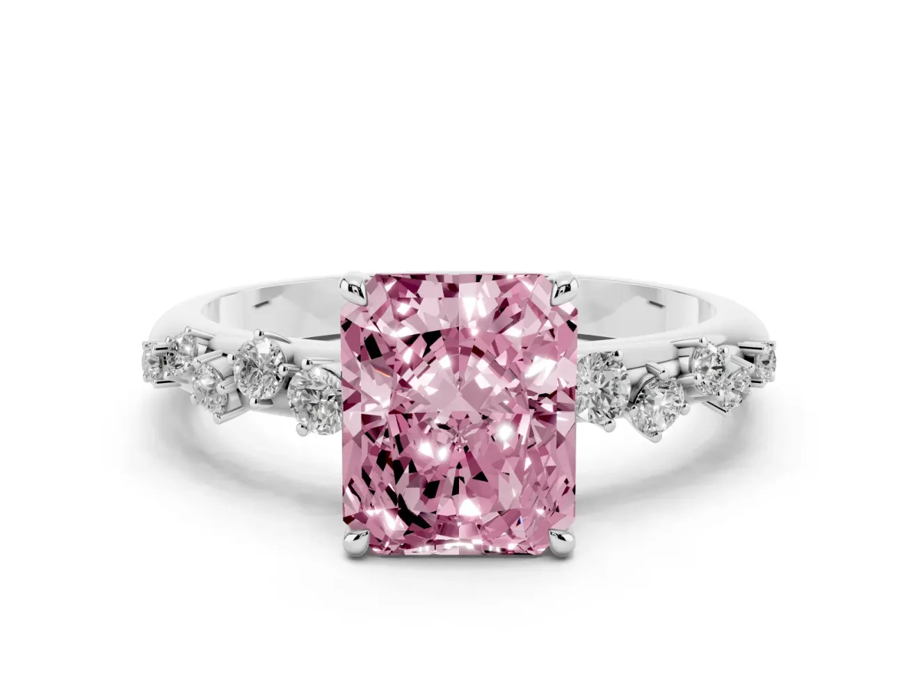 Fancy Pink Radiant Cut Diamond Cluster Solitaire Ring Set in Platinum with Prong Setting