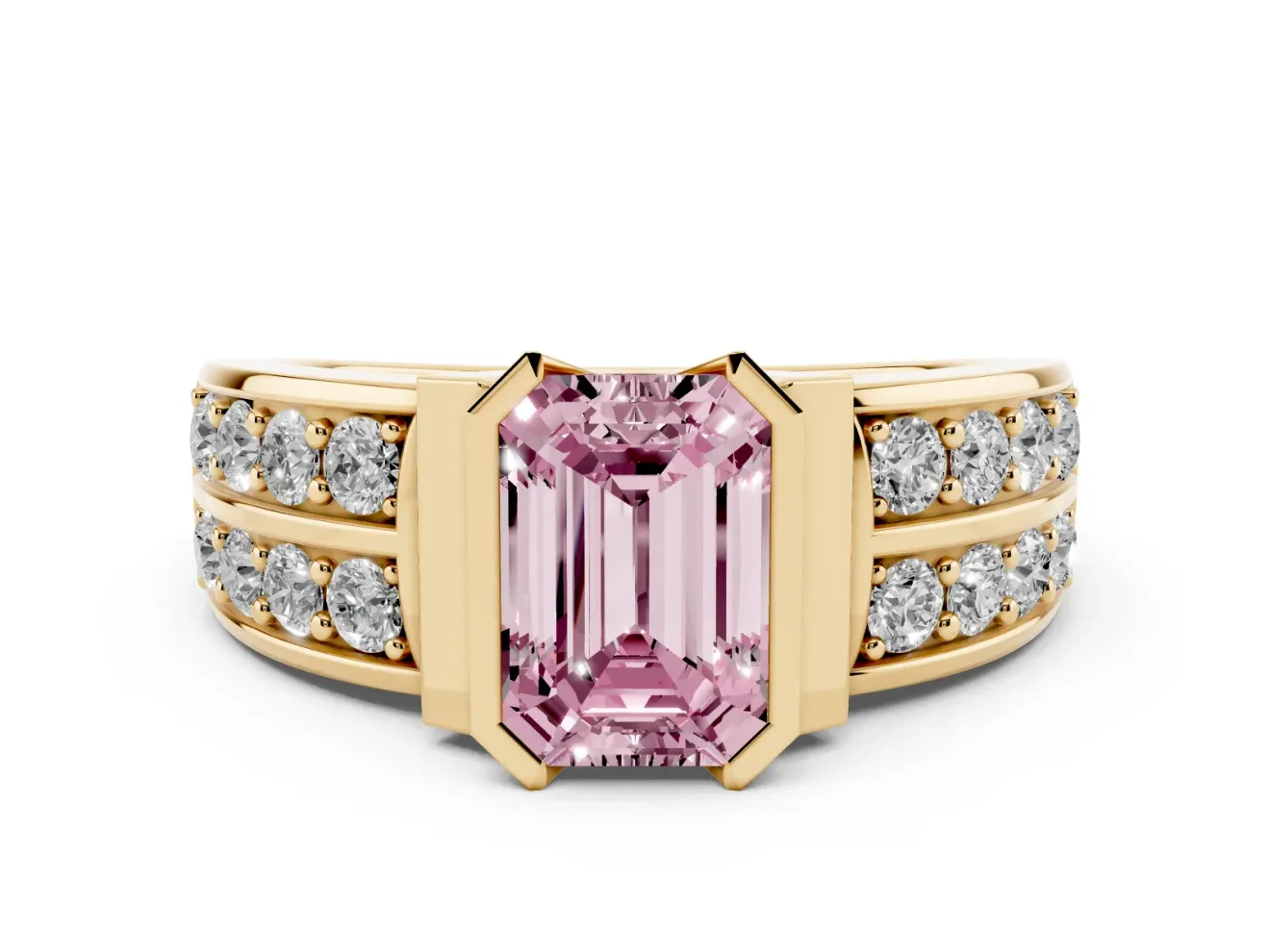 Emerald Cut Half Bezel Engagement Ring Setting for a Fancy Pink Lab-Grown Diamond | Channel Band | Yellow Gold