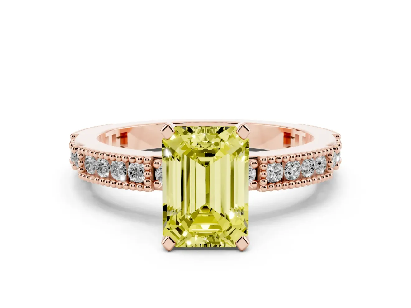 Fancy Yellow Emerald Cut Diamond Solitaire Ring Set in Rose gold with Slim Pavé Band and Prong Setting