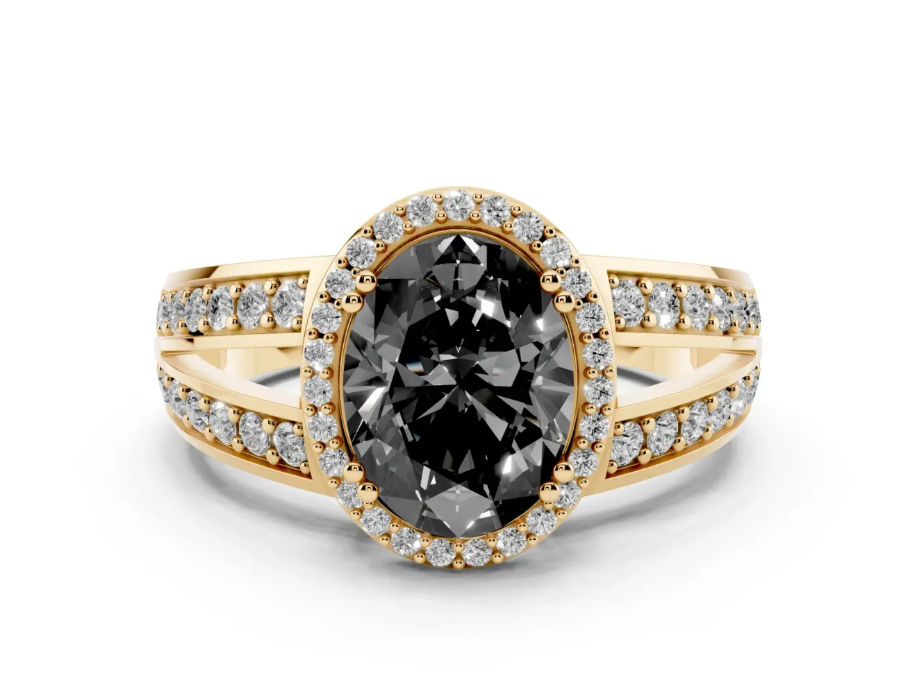 Fancy Black Oval Cut Diamond Halo Ring Set in Yellow gold with Double Pavé Split Shank