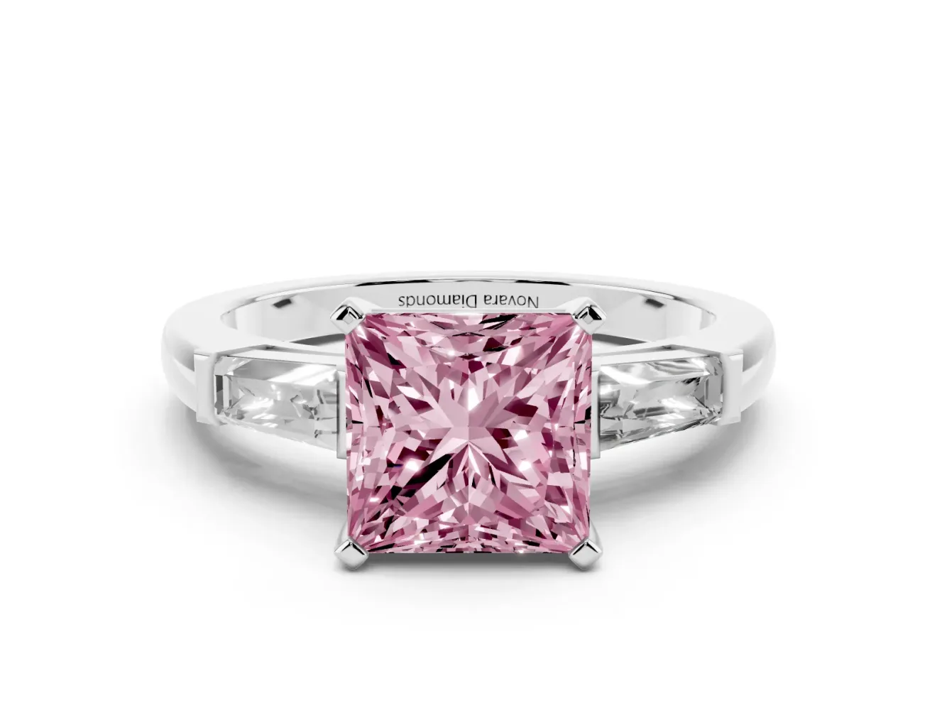 Fancy Pink Princess Cut Diamond Solitaire Ring Set in White gold with Tapered Baguette Side Stones and Prong Setting