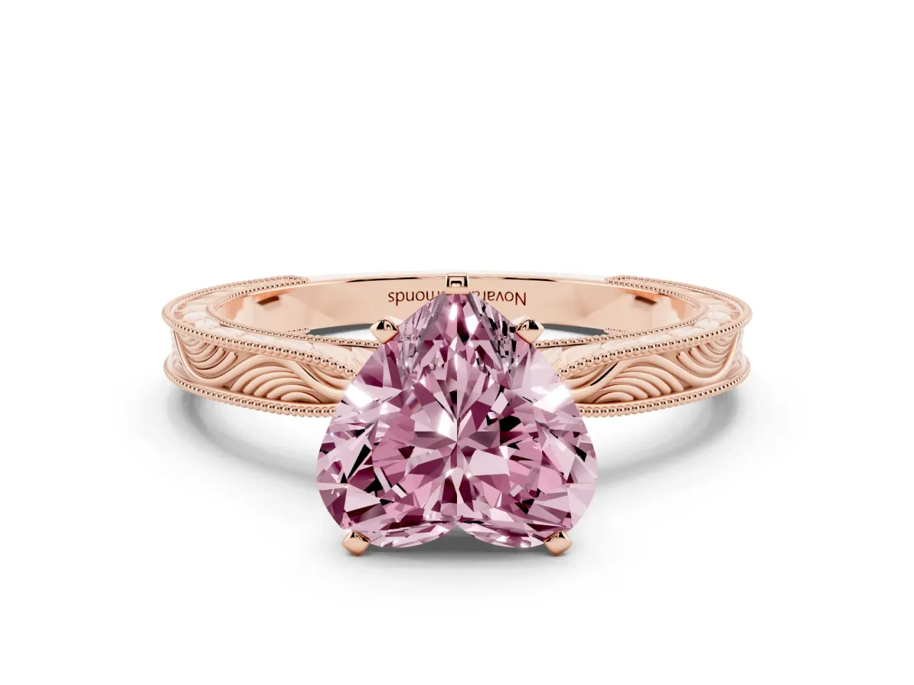 Fancy Pink Heart Cut Diamond Solitaire Milgrain Engraved Band Set in Rose gold with Prong Setting