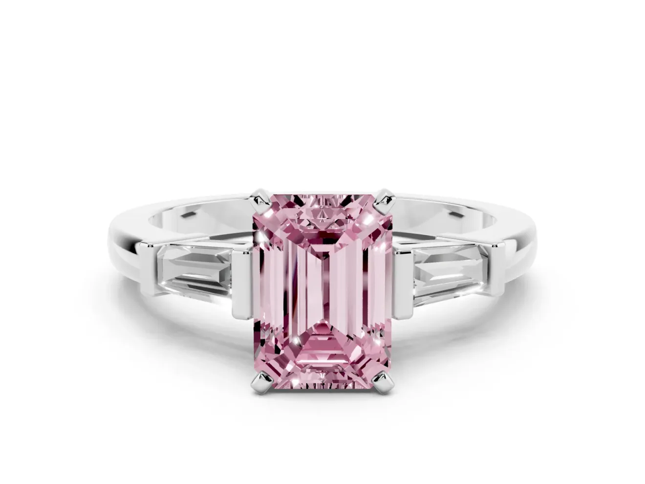 Fancy Pink Emerald Cut Diamond Solitaire Ring Set in White gold with Tapered Baguette Accents and Prong Setting