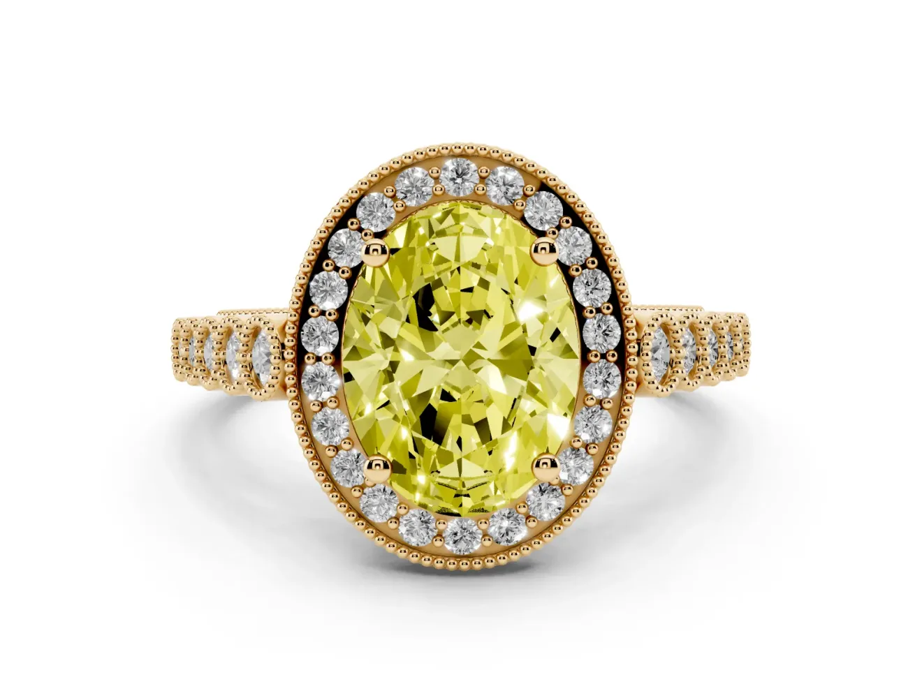Oval Milgrain Halo Engagement Ring Setting for a Fancy Yellow Lab-Grown Diamond | Graduated Bezel Accents | Yellow Gold