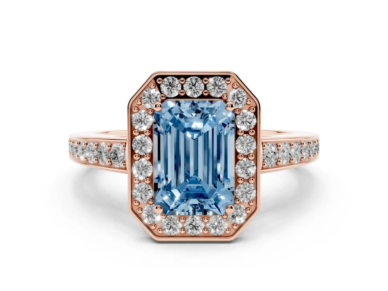 Emerald Cut Framed Halo Engagement Ring Setting for a Fancy Blue Lab-Grown Diamond | Rose Gold