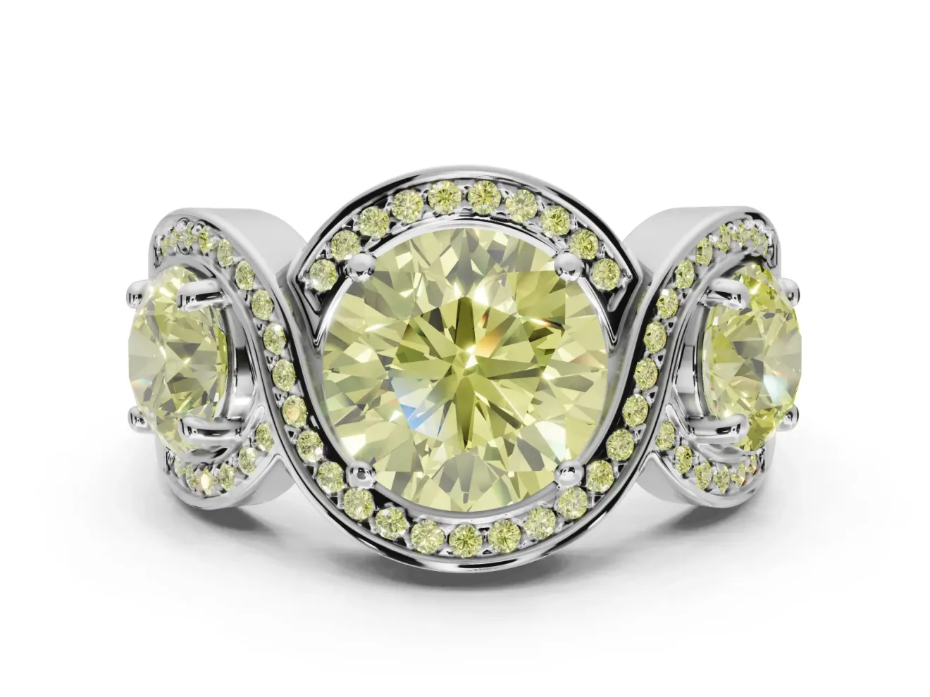 Round Three Stone Halo Engagement Ring Setting for a Fancy Yellow Lab-Grown Diamond | Pavé Wave Band | Platinum