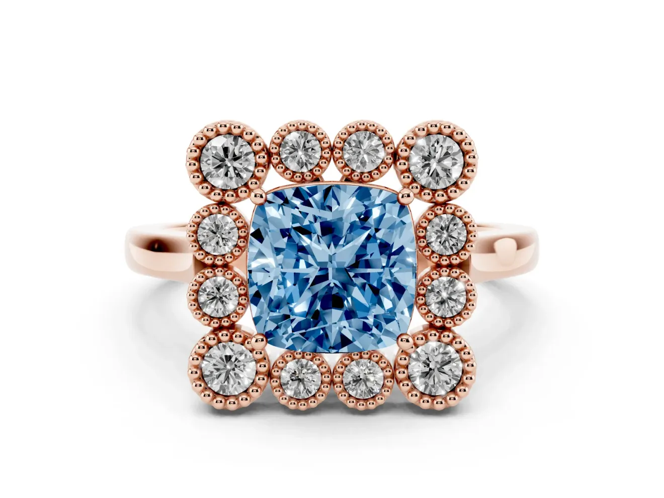 Cushion Cut Milgrain Cluster Halo Engagement Ring Setting for a Fancy Blue Lab-Grown Diamond | Plain Band | Rose Gold