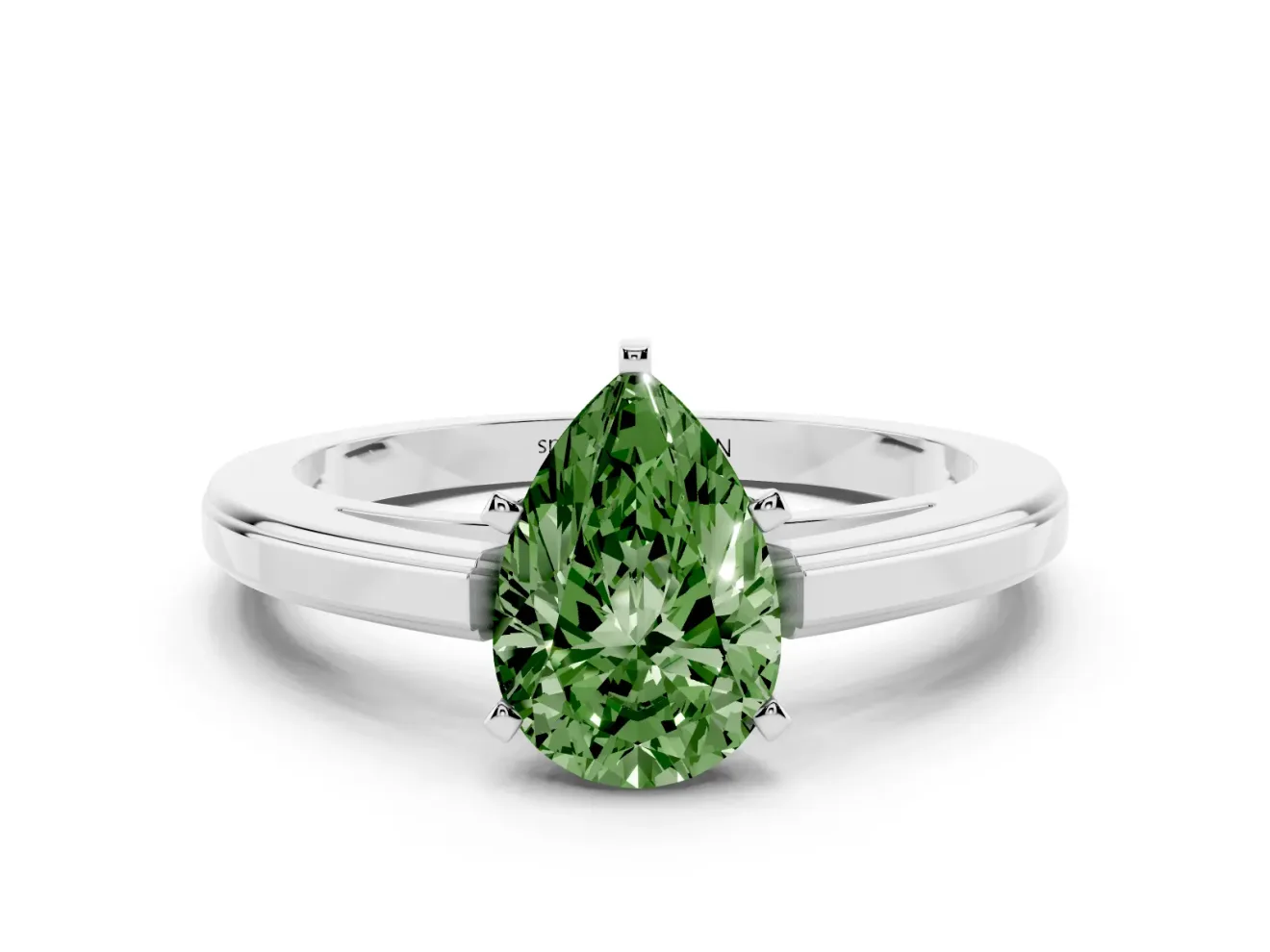 Fancy Green Pear Cut Diamond Solitaire Ring Set in Silver with Prong Setting and Classic Band